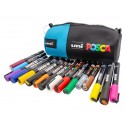 Penar echipat UNI Posca 44989, cilindric, 1 fermoar, negru cu turcoaz, 16 markere (6x5M, 6x3M, 4x1M)